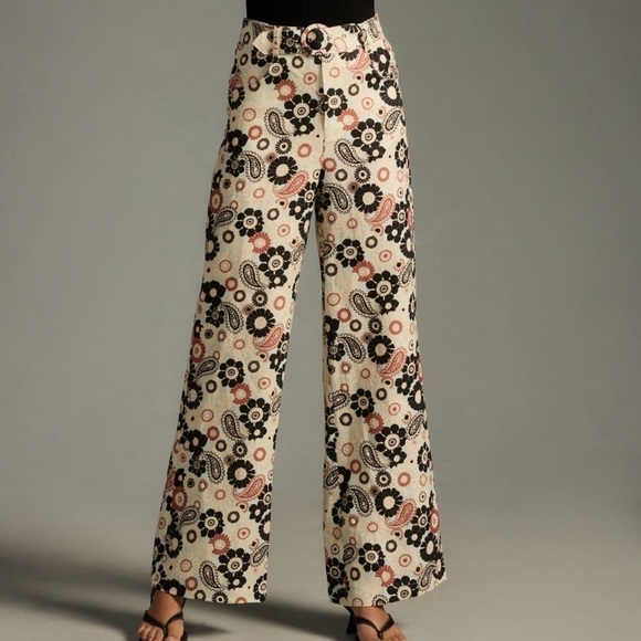 Magali Pascal- NWT Multicolored Paisley Floral Linen Kaloki Belted Pants - Picture 1 of 7